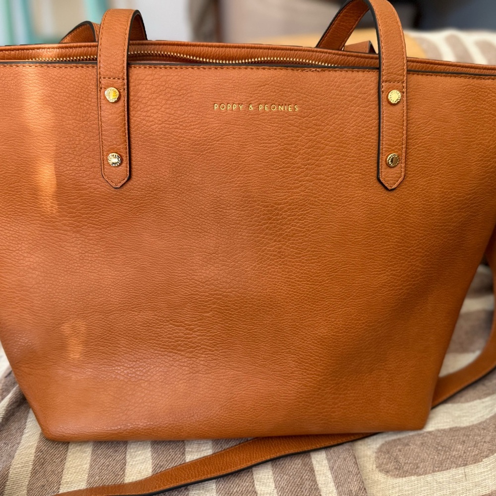 Poppy & Peonies Brown Leather Tote